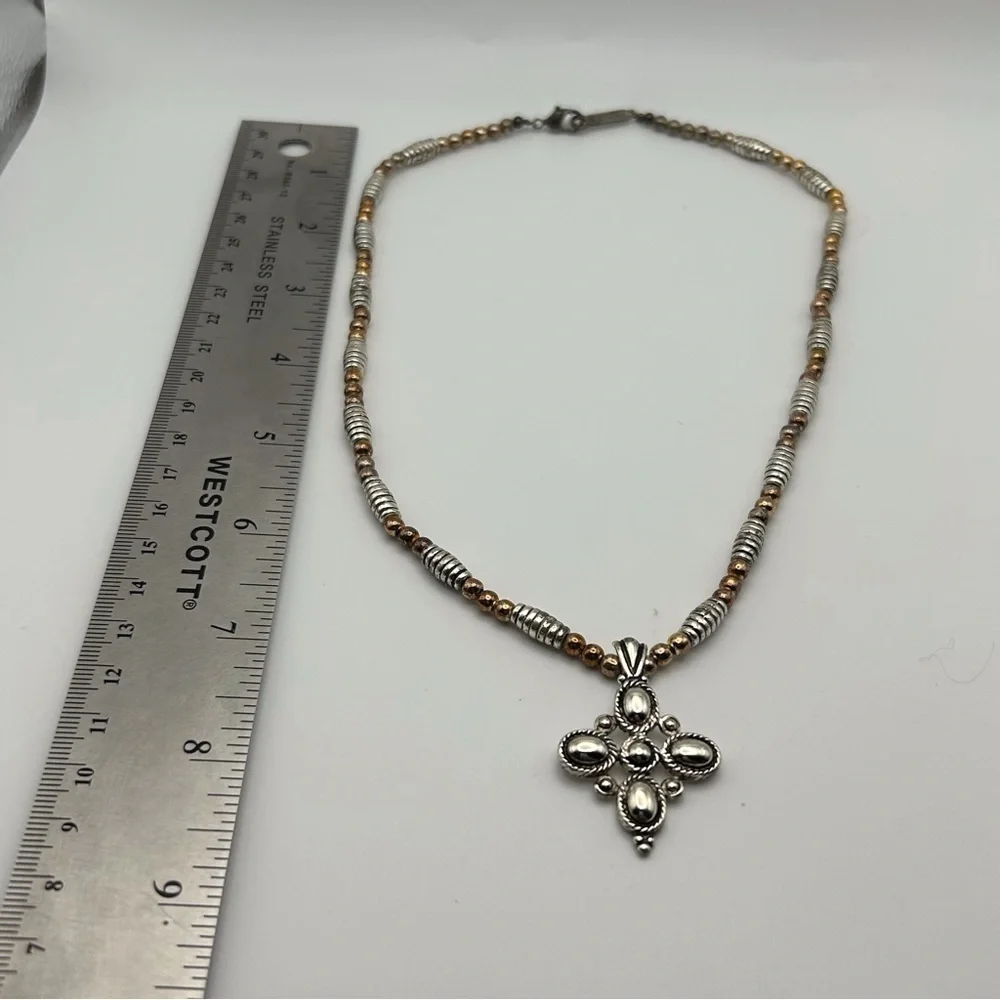Vintage Napier Silver Tone Spiral Beaded with Bronze Beads Cross Flower Necklace